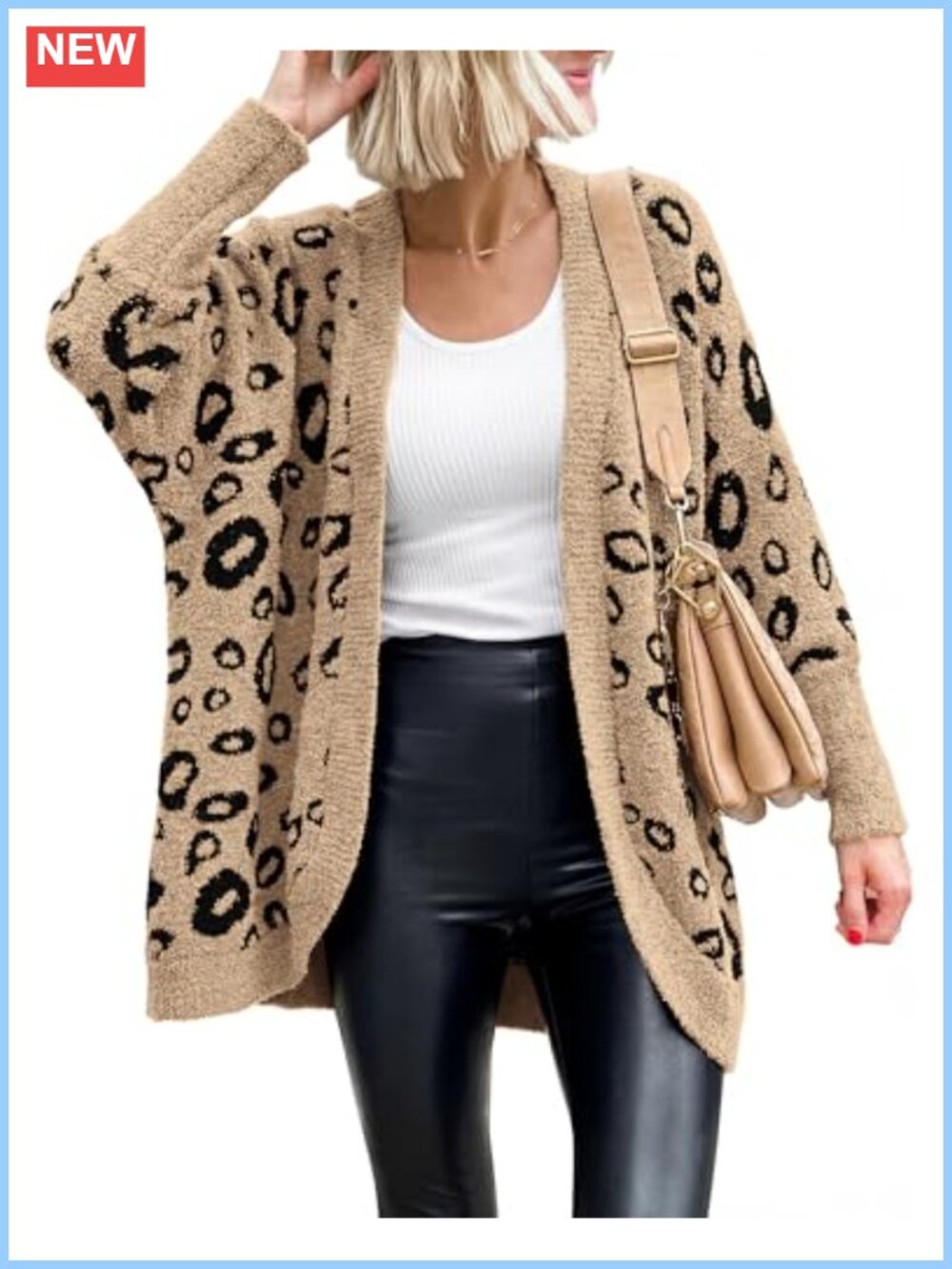 Leopard Print Cardigan Sweater Knit Batwing Sleeve Open Front